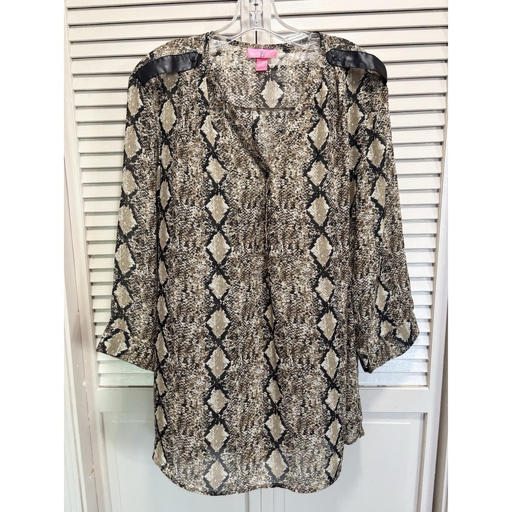 Mix & Co Snake Print Sheer 3/4 Sleeve Blouse Size 2X 1/2 Button Up Brown